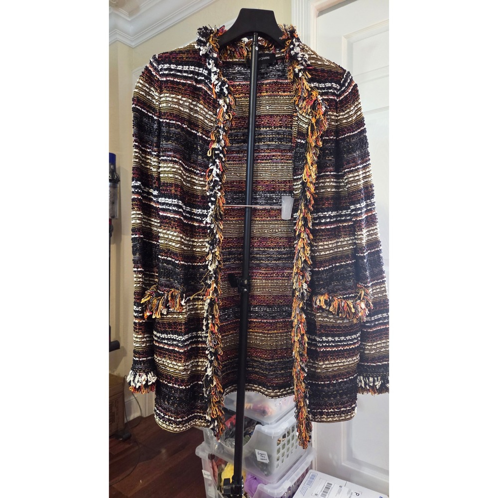 St John Collection Womens Size 6 Multi Color Striped Fringe Knit Jacket Cardigan